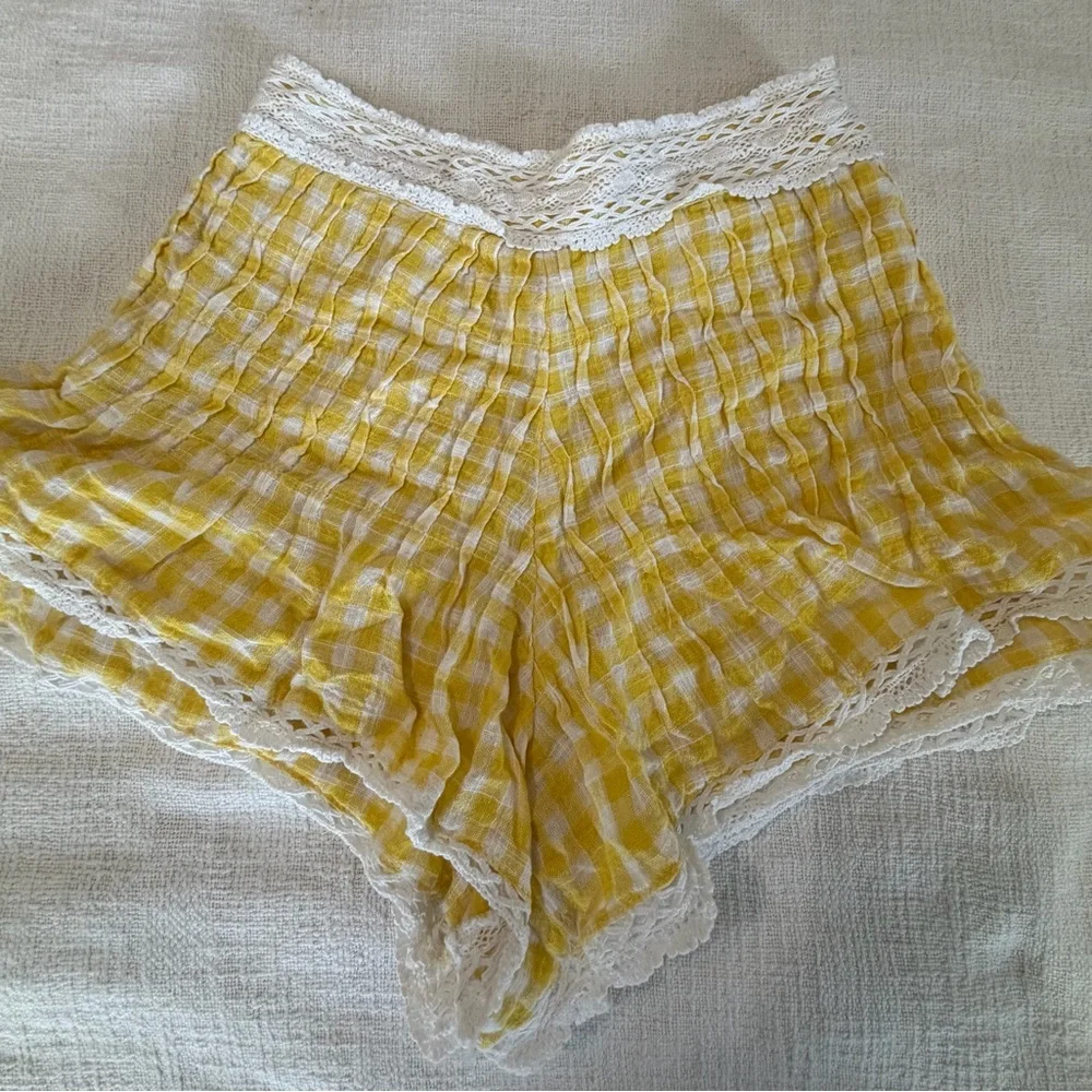 Free People Yellow Gingham Lace-Trim Top and Shorts Set